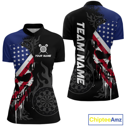Grunge American Flag Skull Darts Shirt For Women Custom Patriotic Darts Team Jerseys Polo & 1/4 Zip TDM4197