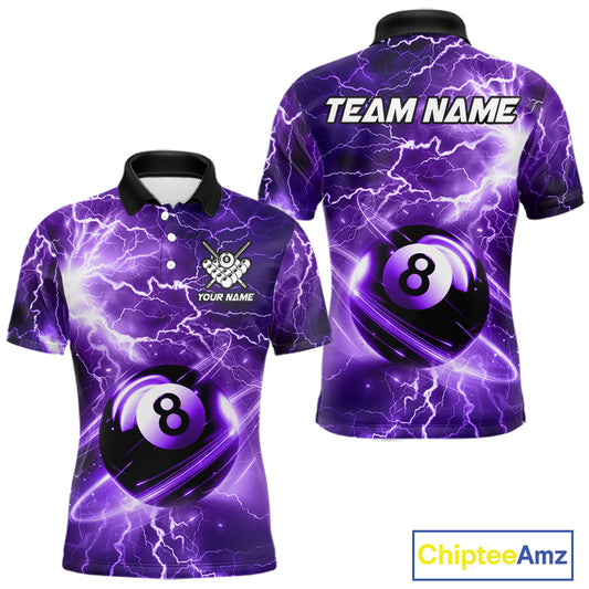Purple 8 ball thunder lightning billiard polo shirt for men with custom pool team graphics.