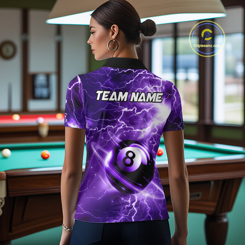 Back view of woman wearing a purple thunder lightning 8 ball pool shirt in a billiards hall.