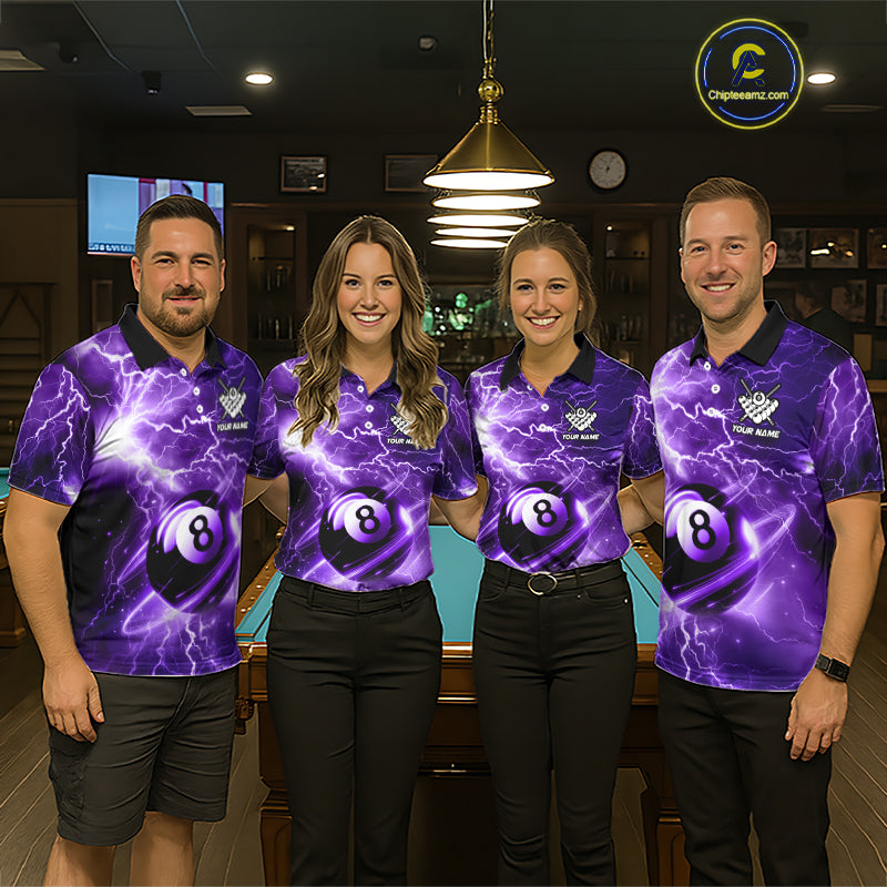 Pool team wearing matching purple 8 ball thunder lightning billiard jerseys during tournament play front view.