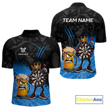 Load image into Gallery viewer, Personalized blue funny crown dartboard beer darts team jersey quarter zip shirt for men featuring funny crown dartboard beer artwork, premium custom darts apparel.