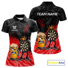 Load image into Gallery viewer, Personalized red funny crown dartboard beer darts team jersey polo shirt for women featuring a crown dartboard and beer design, premium custom darts league apparel.