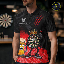 Load image into Gallery viewer, Man wearing personalized red funny crown dartboard beer darts team jersey polo shirt featuring crown dartboard beer artwork, front view.