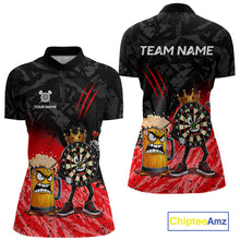 Load image into Gallery viewer, Personalized red funny crown dartboard beer darts team jersey quarter zip shirt for women featuring funny crown dartboard beer artwork, premium custom darts apparel.