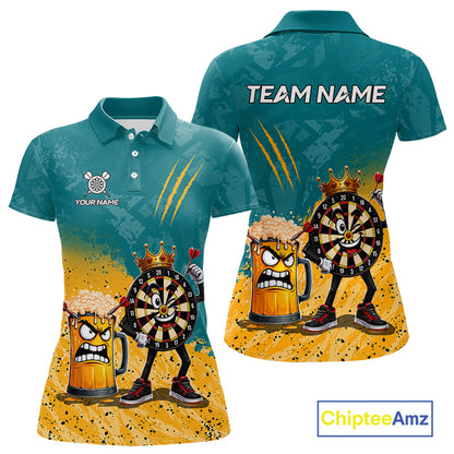 Personalized teal and yellow funny crown dartboard beer darts team jersey polo shirt for women featuring a crown dartboard and beer design, premium custom darts league apparel.