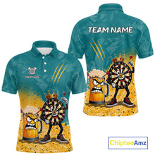 Load image into Gallery viewer, Personalized teal and yellow funny crown dartboard beer darts team jersey polo shirt for men featuring a crown dartboard and beer design, premium custom darts league apparel.