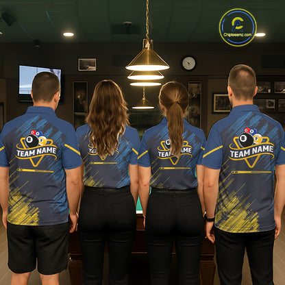 Personalized Blue Yellow 8 Ball & 9 Ball Pool Polo & 1/4 Zip For Men Custom Team Billiard Jersey TDM5745
