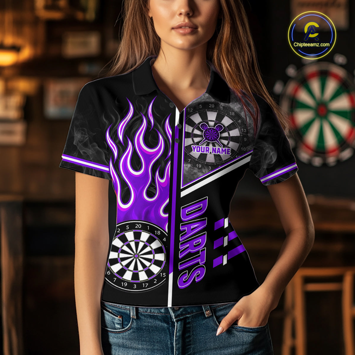 Black And Purple Flaming Smoke Darts Shirt For Women Custom Darts Jersey Team Polo & 1/4 Zip TDM6096