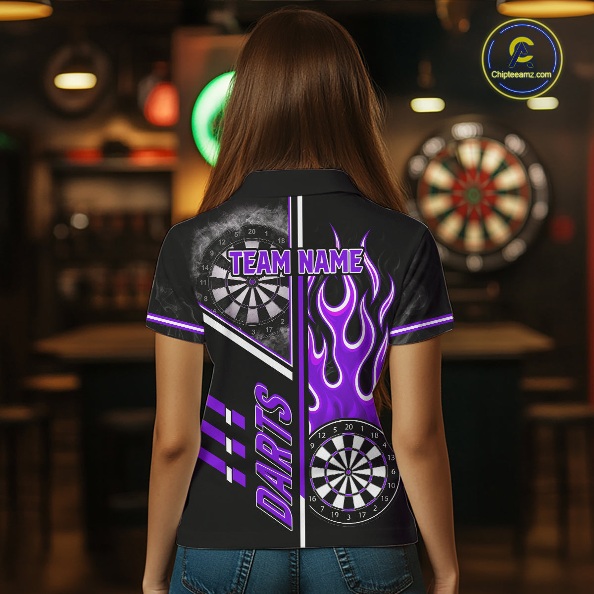 Black And Purple Flaming Smoke Darts Shirt For Women Custom Darts Jersey Team Polo & 1/4 Zip TDM6096