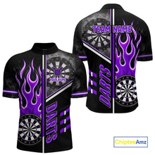Load image into Gallery viewer, Black And Purple Flaming Smoke Darts Shirt For Men Custom Darts Jersey Team Polo &amp; 1/4 Zip TDM6096