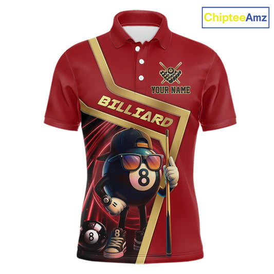 Red Funny 8 Ball Pool Billiard Shirt For Men Custom Gold Billiard Team Jersey Polo & 1/4 Zip TDM6354