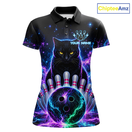 Neon Funny Cat Bowling Jersey Polo & 1/4 Zip For Women Custom Bowling Team Jersey, Bowling Gifts TDM6359