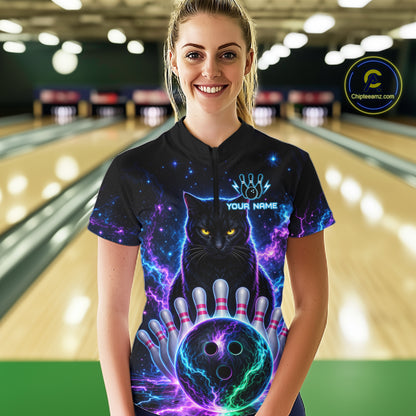 Neon Funny Cat Bowling Jersey Polo & 1/4 Zip For Women Custom Bowling Team Jersey, Bowling Gifts TDM6359