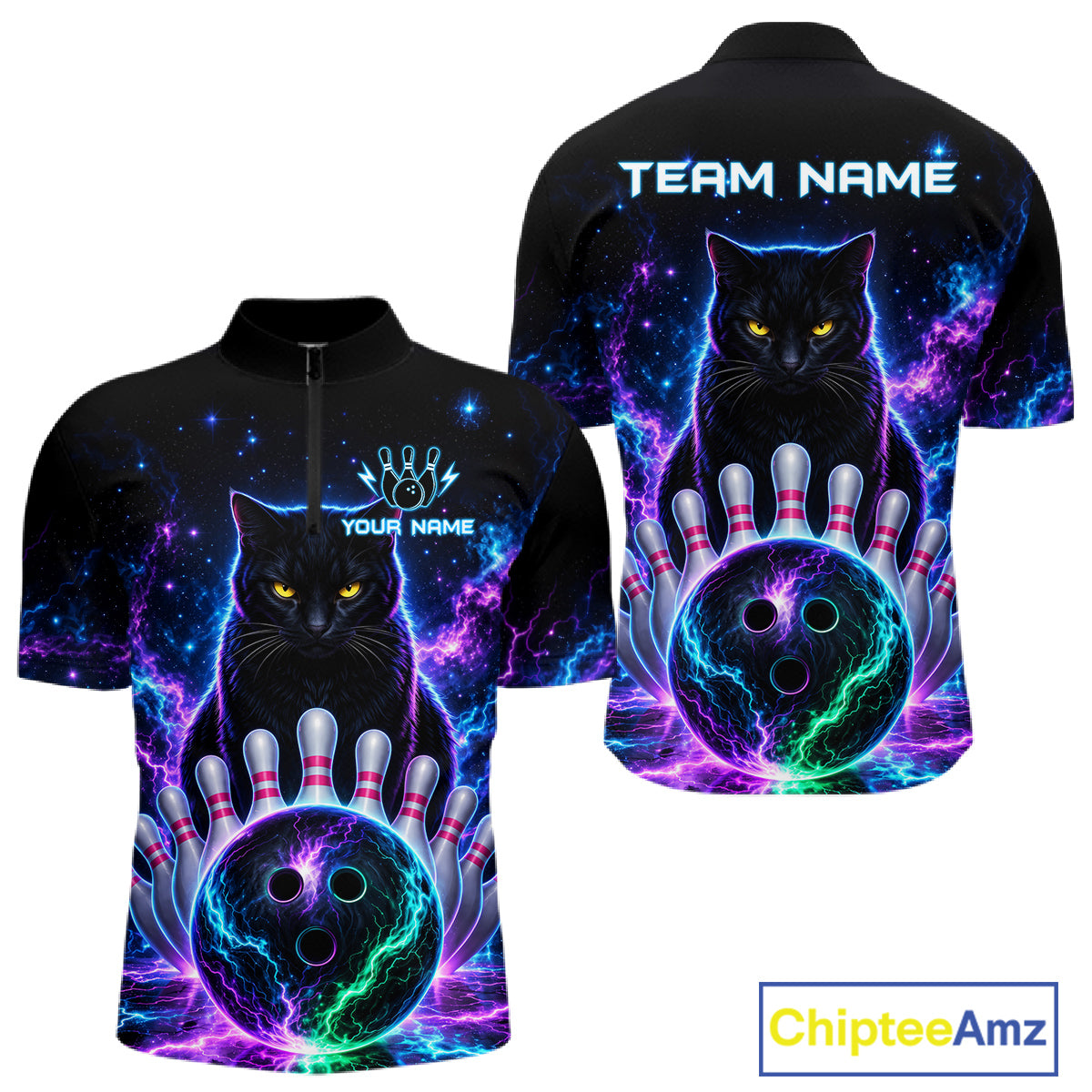 Neon Funny Cat Bowling Jersey Polo & 1/4 Zip For Men Custom Bowling Team Jersey, Bowling Gifts TDM6359