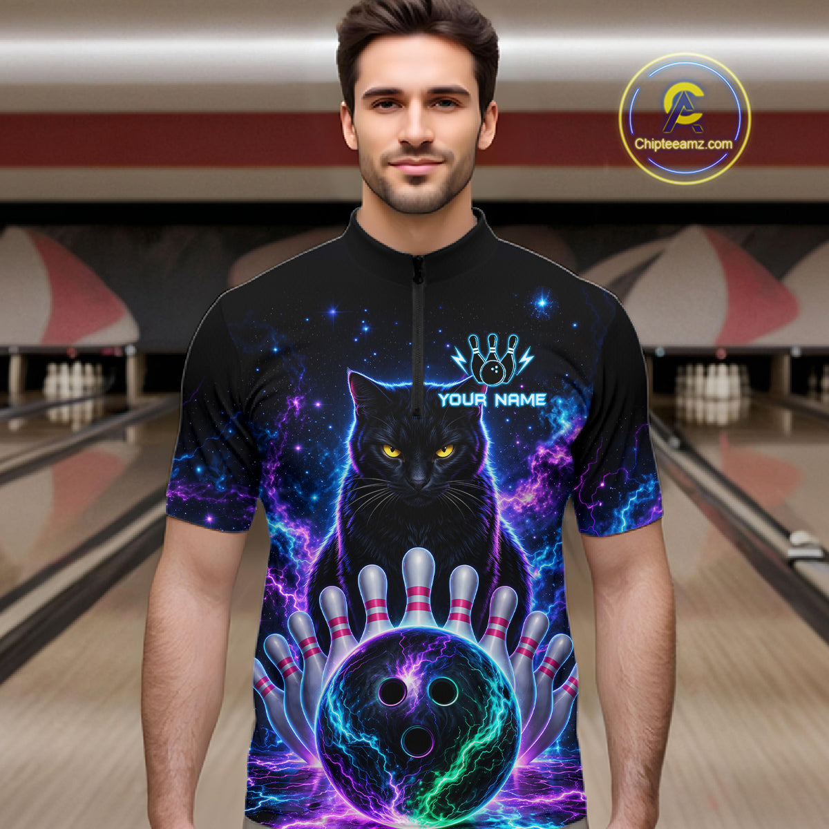 Neon Funny Cat Bowling Jersey Polo & 1/4 Zip For Men Custom Bowling Team Jersey, Bowling Gifts TDM6359