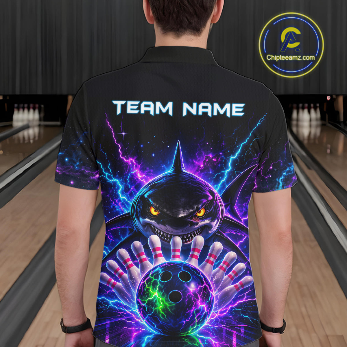 Neon Funny Shark Bowling Jersey Polo & 1/4 Zip For Men Custom Bowling Team Jersey, Bowling Uniform TDM6360