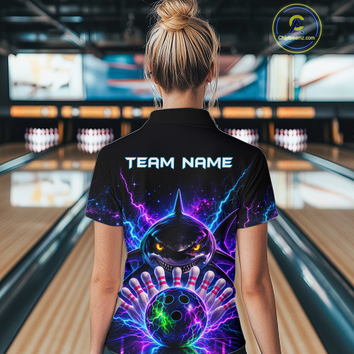 Neon Funny Shark Bowling Jersey Polo & 1/4 Zip For Women Custom Bowling Team Jersey, Bowling Uniform TDM6360