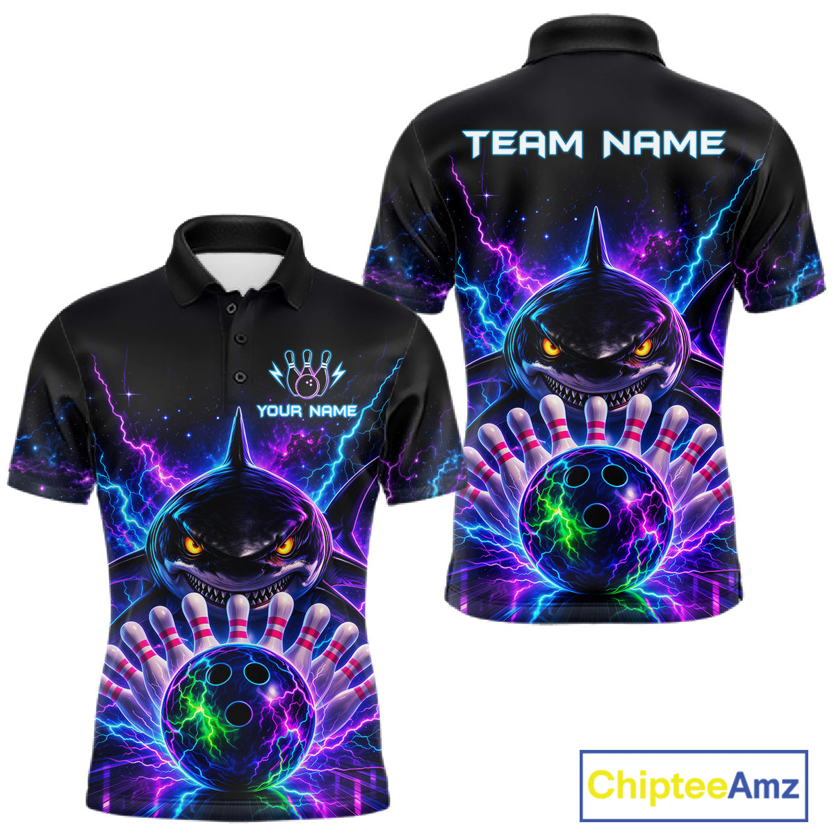 Neon Funny Shark Bowling Jersey Polo & 1/4 Zip For Men Custom Bowling Team Jersey, Bowling Uniform TDM6360