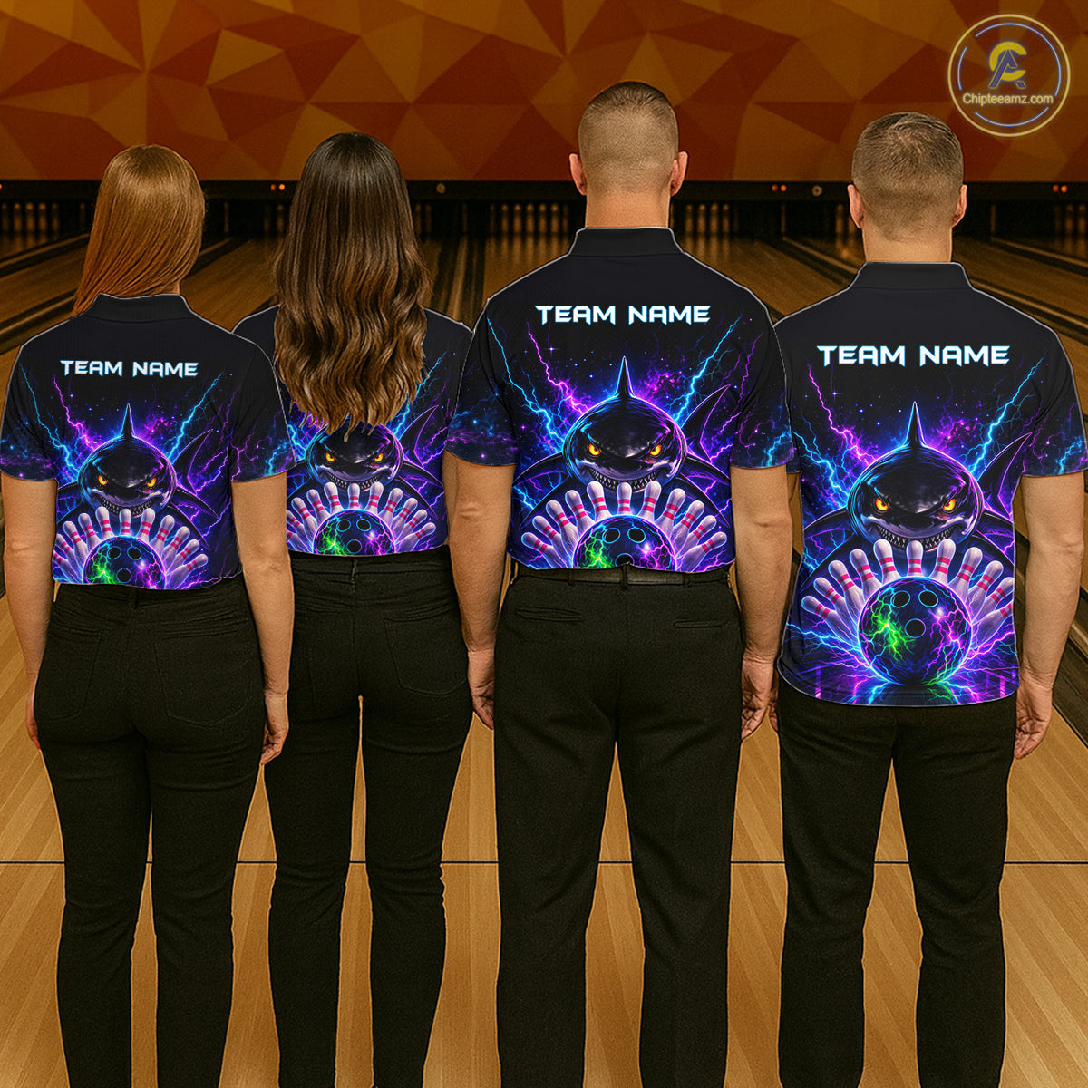 Neon Funny Shark Bowling Jersey Polo & 1/4 Zip For Men Custom Bowling Team Jersey, Bowling Uniform TDM6360