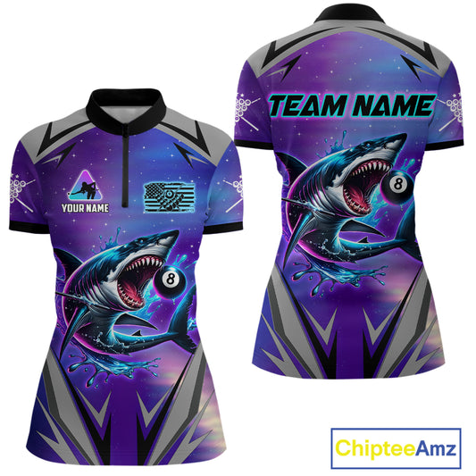 Personalized Shark 8 Ball Pool Billiard Shirt For Women Custom Purple Blue Billiard Team Jersey TDM4367