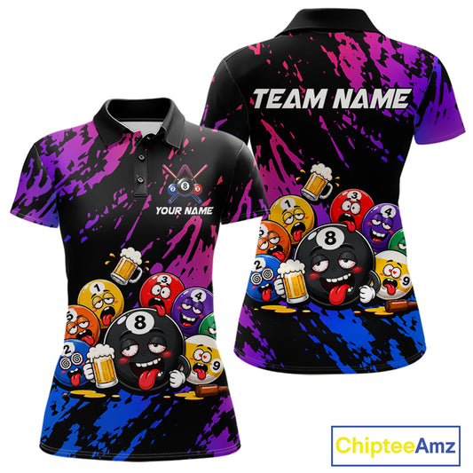 Custom blue and purple drunk pool balls funny beer billiard team jersey polo shirt for women featuring funny beer and pool balls artwork, premium custom pool league apparel.