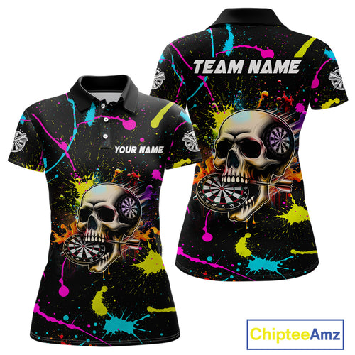 Personalized Funny Skull Colorful Paint Dart Shirt For Women Custom Darts Team Jersey Polo & 1/4 Zip TDM4213