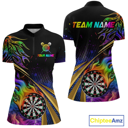 Personalized Colorful Flame Darts Shirt For Women Custom Darts League Team Jerseys Polo & 1/4 Zip TDM4215