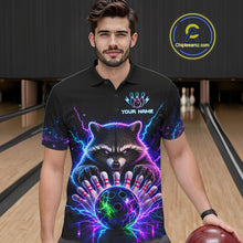 Load image into Gallery viewer, Man wearing a neon raccoon bowling polo shirt at a bowling alley front view.
