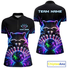 Load image into Gallery viewer, Neon raccoon bowling quarter zip shirt for women designed for league tournaments and team events.