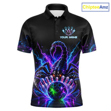 Load image into Gallery viewer, Neon scorpion bowling polo shirt for men with custom bowling team graphics.