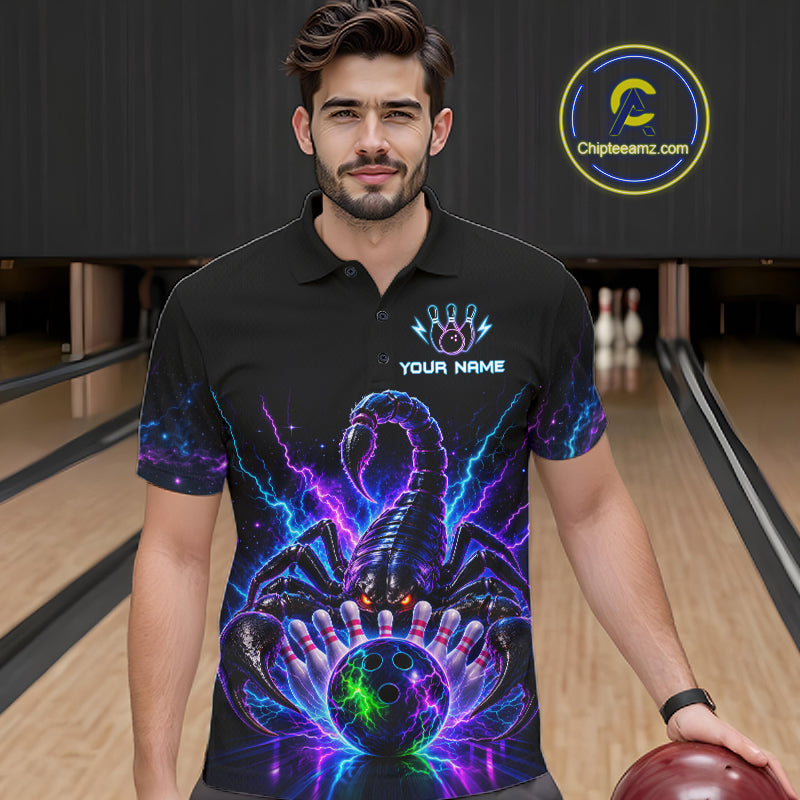 Man wearing a neon scorpion bowling polo shirt at a bowling alley front view.