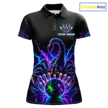 Load image into Gallery viewer, Neon scorpion bowling polo shirt for women with custom bowling team graphics.