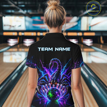 Load image into Gallery viewer, Back view of woman wearing a neon scorpion bowling polo shirt inside a bowling alley.