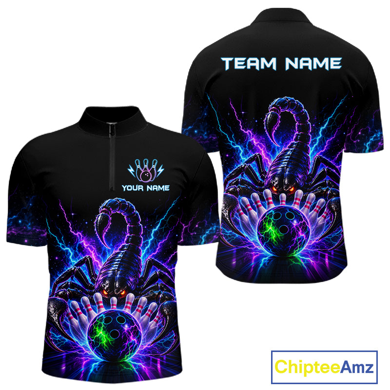Neon scorpion bowling quarter zip shirt for men designed for league tournaments and team events.