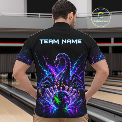 Back view of man wearing a neon scorpion bowling quarter zip shirt in a bowling alley.