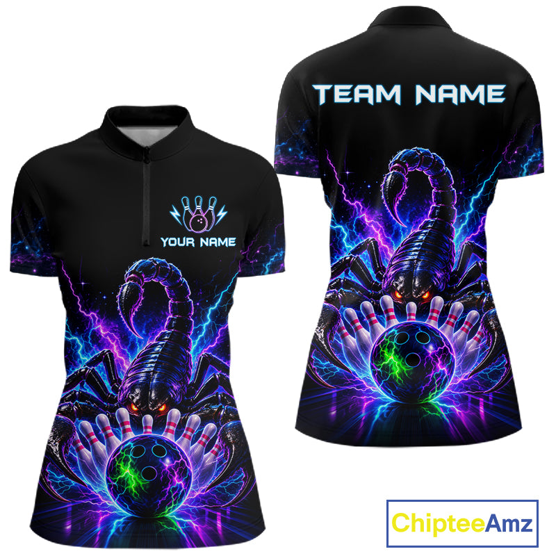 Neon scorpion bowling quarter zip shirt for women designed for league tournaments and team events.