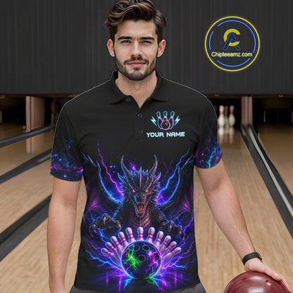 Man wearing a neon dragon bowling polo shirt at a bowling alley front view.