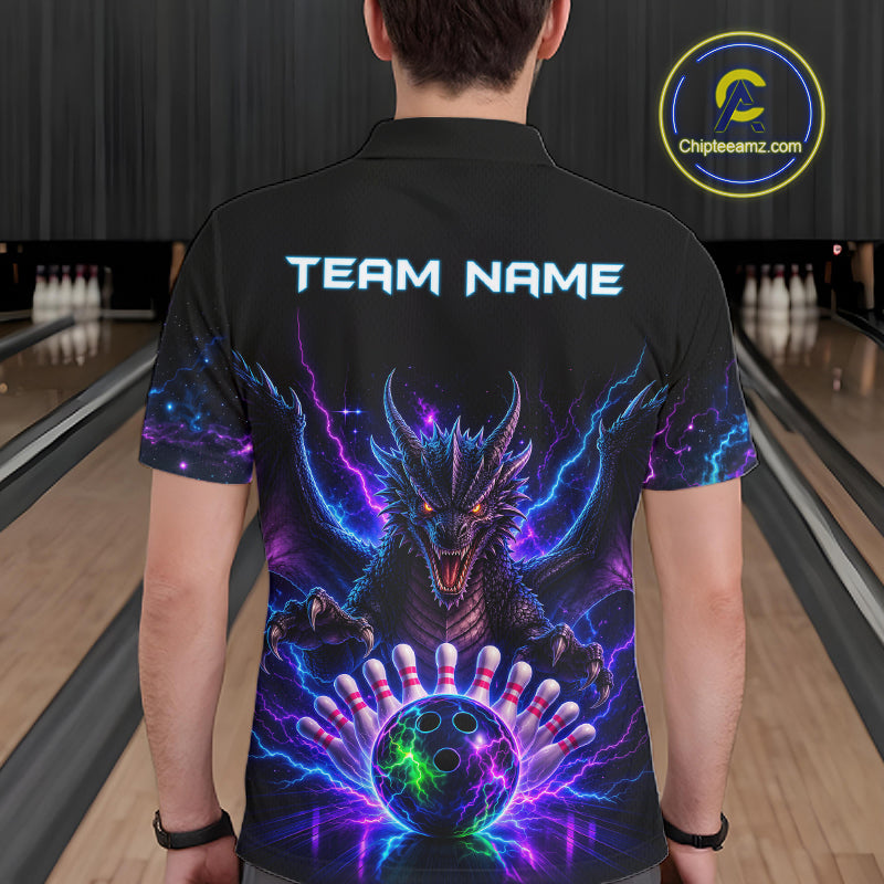 Back view of man wearing a neon dragon bowling polo shirt inside a bowling alley.