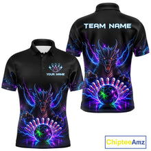 Load image into Gallery viewer, Neon dragon bowling polo shirt for men with custom bowling team graphics.
