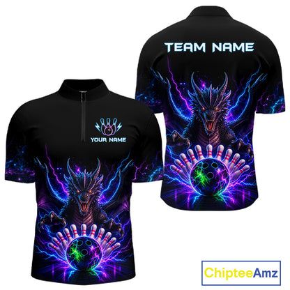 Neon dragon bowling quarter zip shirt for men designed for league tournaments and team events.