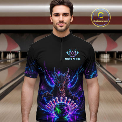 Man wearing a neon dragon bowling quarter zip jersey during league competition front view.
