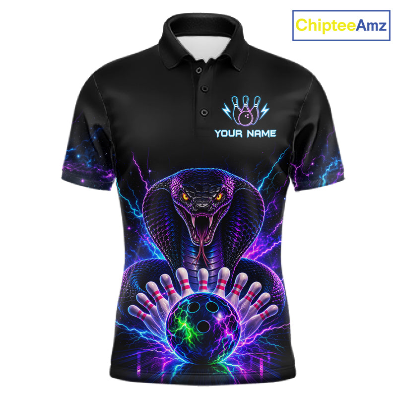Neon cobra bowling polo shirt for men with custom bowling team graphics.