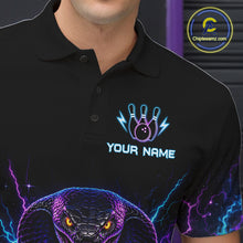 Load image into Gallery viewer, Close-up of a neon cobra bowling polo shirt collar, buttons, and cobra artwork details.