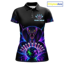 Load image into Gallery viewer, Neon cobra bowling polo shirt for women with custom bowling team graphics.