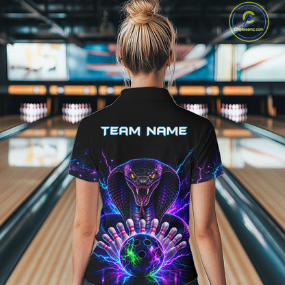 Back view of woman wearing a neon cobra bowling polo shirt inside a bowling alley.