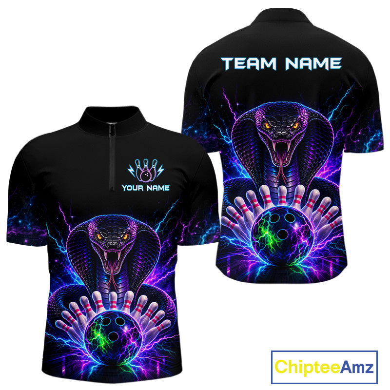 Neon cobra bowling quarter zip shirt for men designed for league tournaments and team events.