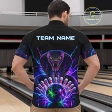 Load image into Gallery viewer, Back view of man wearing a neon cobra bowling quarter zip shirt in a bowling alley.