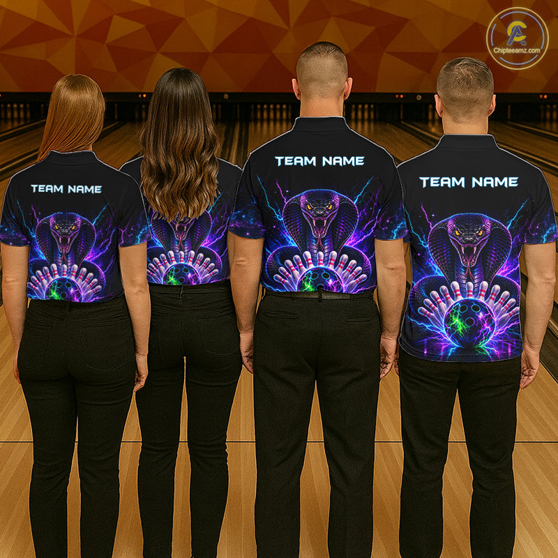 Back view of bowling team wearing matching neon cobra bowling shirts in a bowling alley.