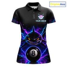 Load image into Gallery viewer, Neon shark 8 ball billiard polo shirt for women with custom pool team graphics.