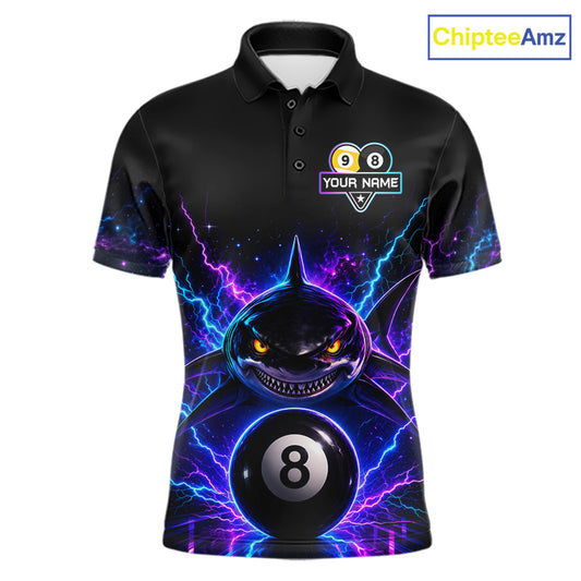 Neon shark 8 ball and 9 ball billiard polo shirt for men with custom pool team graphics.